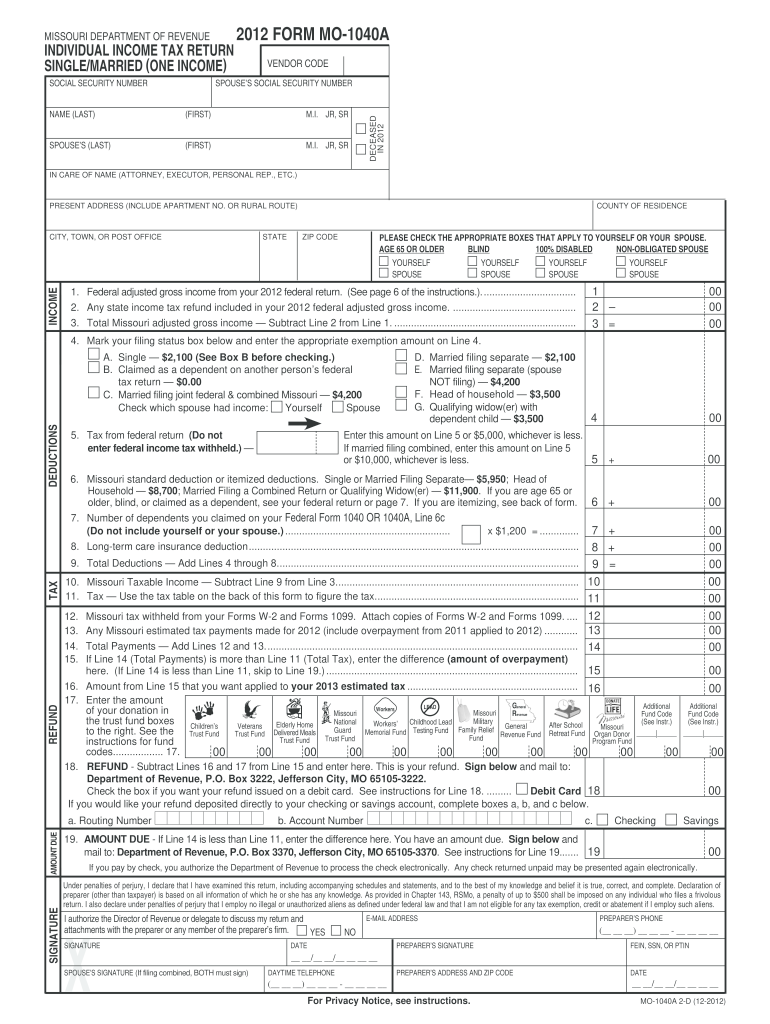  Missouri Form 1040a Fillable and Printable 2012