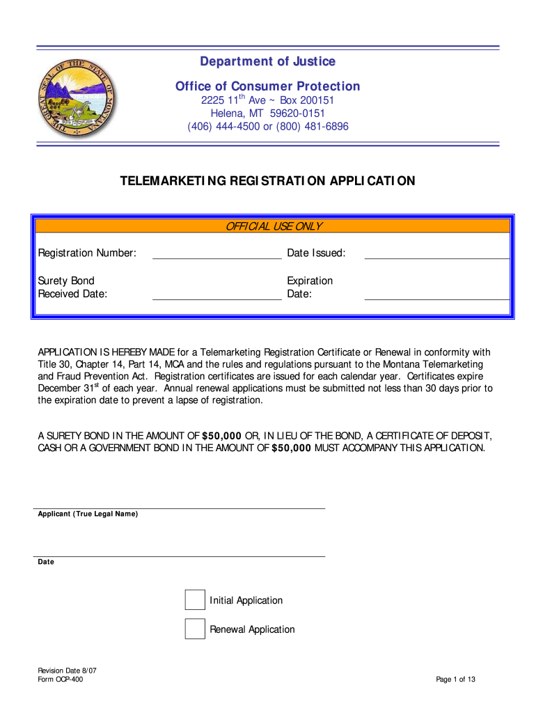  Telemarketing Registration Application  Montana Department of    Doj Mt 2007