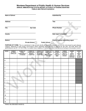 Montana Department of Public Health Annual Immunization Status Report for Schools Form