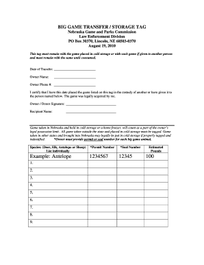 Custody Tag Nebraska Game and Parks Commission Outdoornebraska Ne  Form