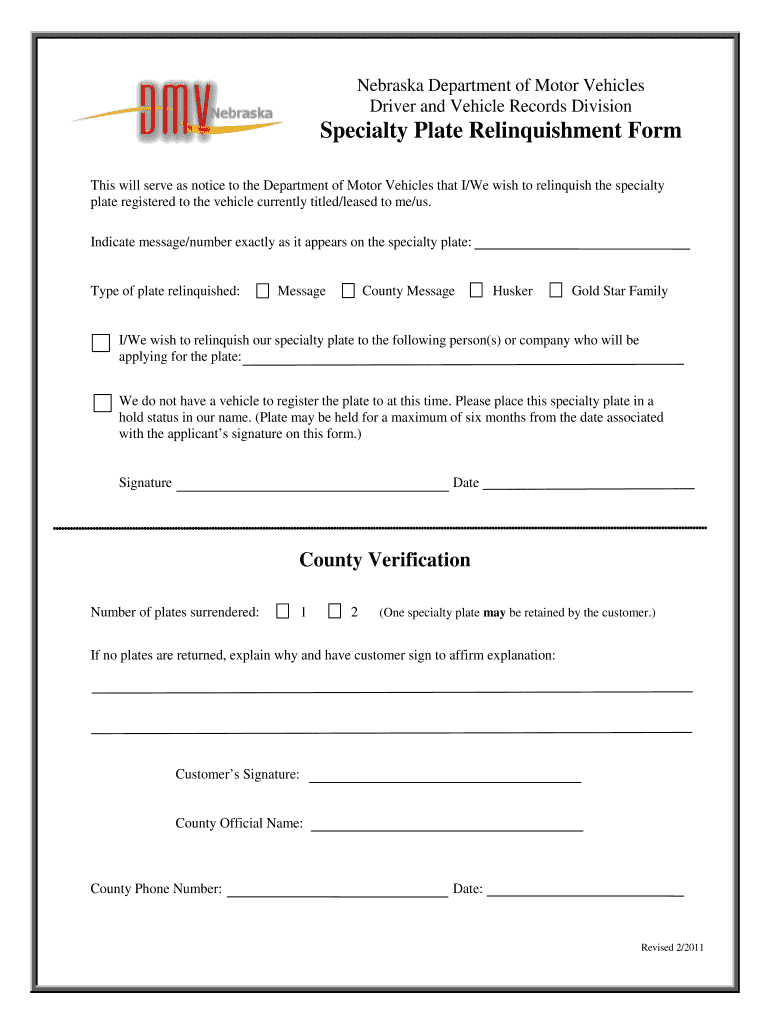  Specialty Plate Relinquishment Form  Nebraska DMV  Dmv Ne 2011-2024