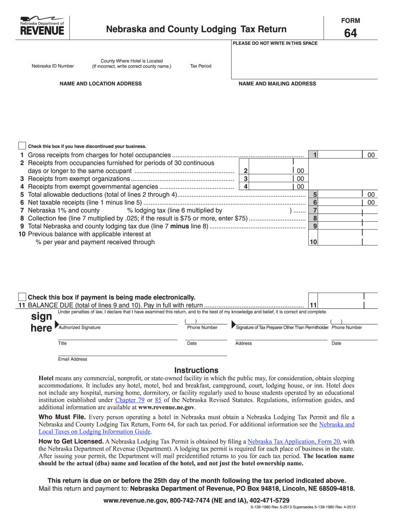 Form 64  Nebraska and County Lodging Tax Return  Revenue Ne