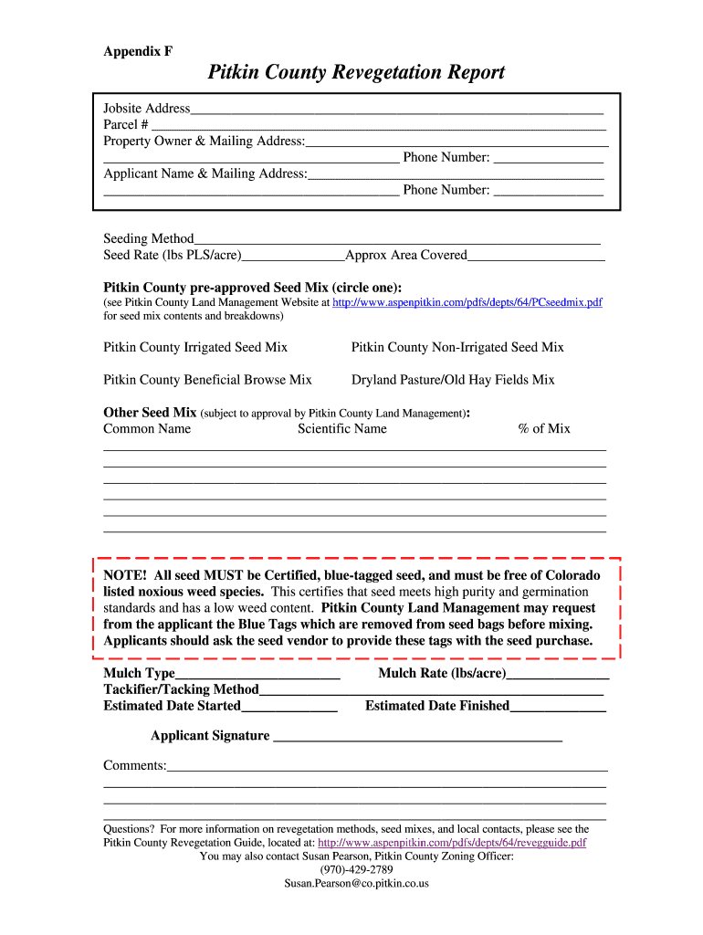 Pitkin County Revegetation Report  City of Aspen and Pitkin County  Form