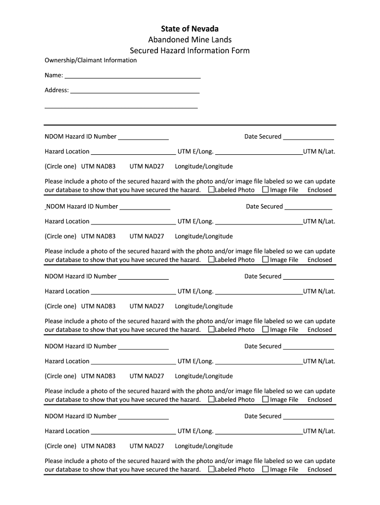 Secured Hazard Information Form  Nevada Division of Minerals  Minerals State Nv