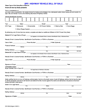 Ohv Bill of Sale  Form