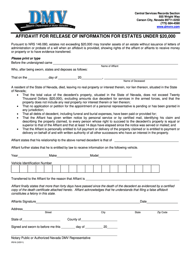  IR 016  Affidavit for Release of Estates under $20,000 2011