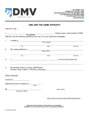 One and the Same Affidavit  Form