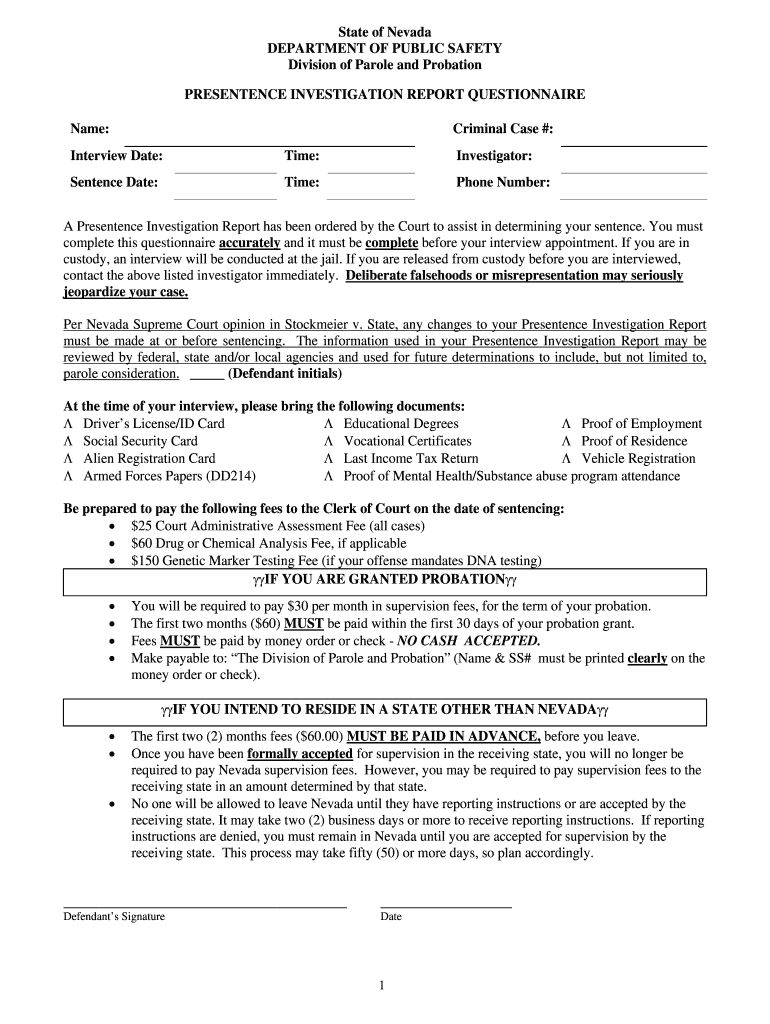 Presentence Investigation Report Template  Form