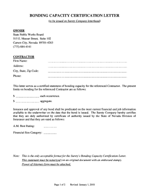  Letter of Surety Treasury and Surety Bond and Surety Bonding Capacity 2010