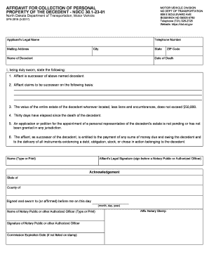 North Dakota Small Estate Affidavit  Form