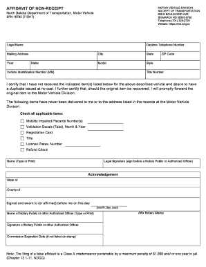 AFFIDAVIT of NON RECEIPT North Dakota Department of Transportation, Motor Vehicle Division SFN 16782 Rev Dot Nd  Form