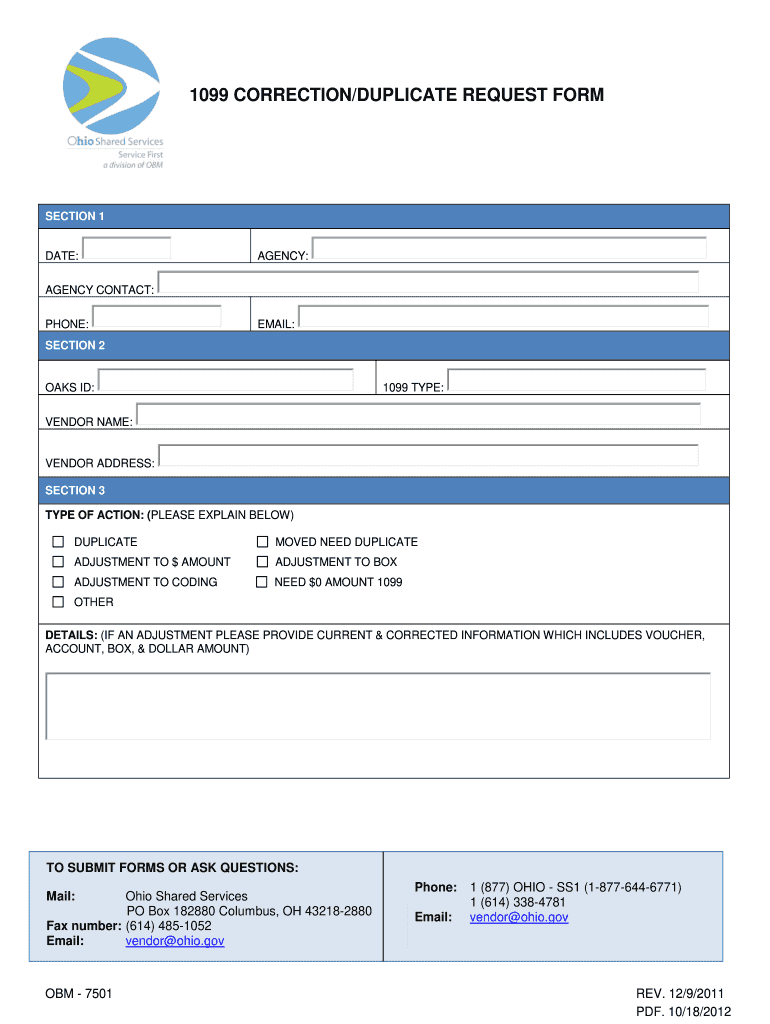  1099 Correctionduplicate Request Form  Ohio Shared Services 2011-2024
