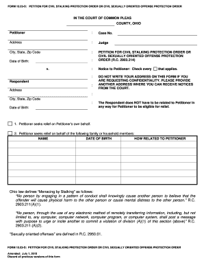 Form 10 03 D Petition for Civil Stallking Protection Supreme Court Sconet State Oh