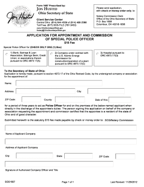 Application for Appointment and Commission of Special Police Officer Sos State Oh  Form