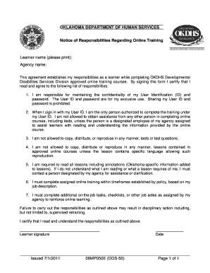 06MP050E Notice of Responsibilities Regarding Online Training Okdhs  Form