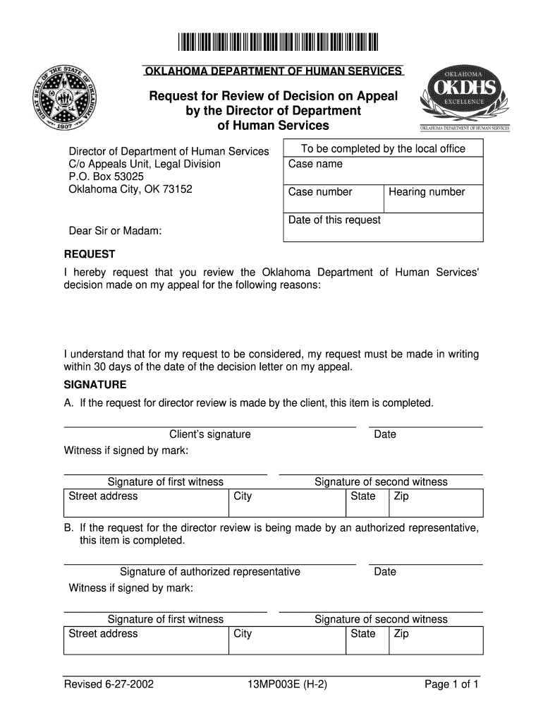  Form 13MP003E H 2 Request for Review of Decision on Appeal by the Director of Department of Human Services  Okdhs 2002-2024