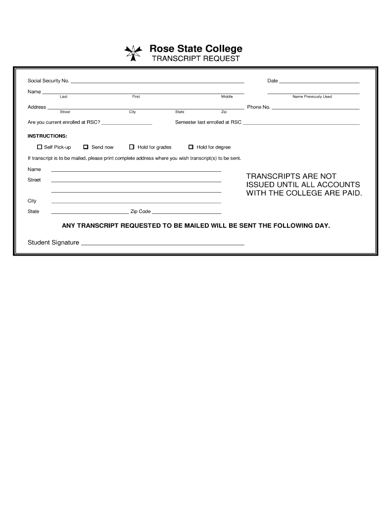 Rose State Transcript Request  Form