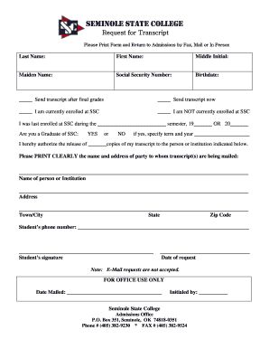 Request Transcripts PDF Seminole State College Sscok  Form