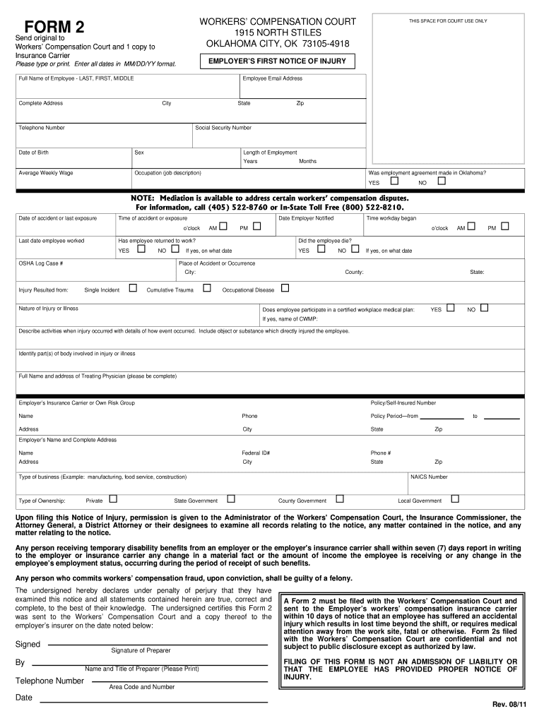  Oklahoma Workers Compensation Court Form 2 Fillable 2014