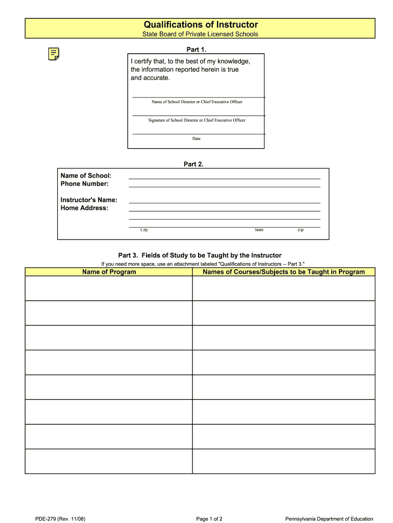 Pde 279 Qualifications of Instructor Portal State Pa  Form