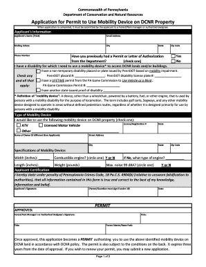 Application for Permit to Use Mobility Device on DCNR Property Dcnr State Pa  Form