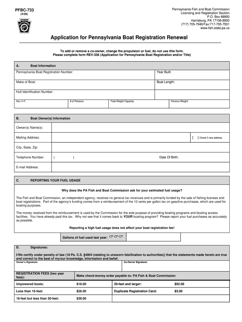  Application for Pennsylvania Boat Registration Renewal PFBC 733  Fish State Pa 2009