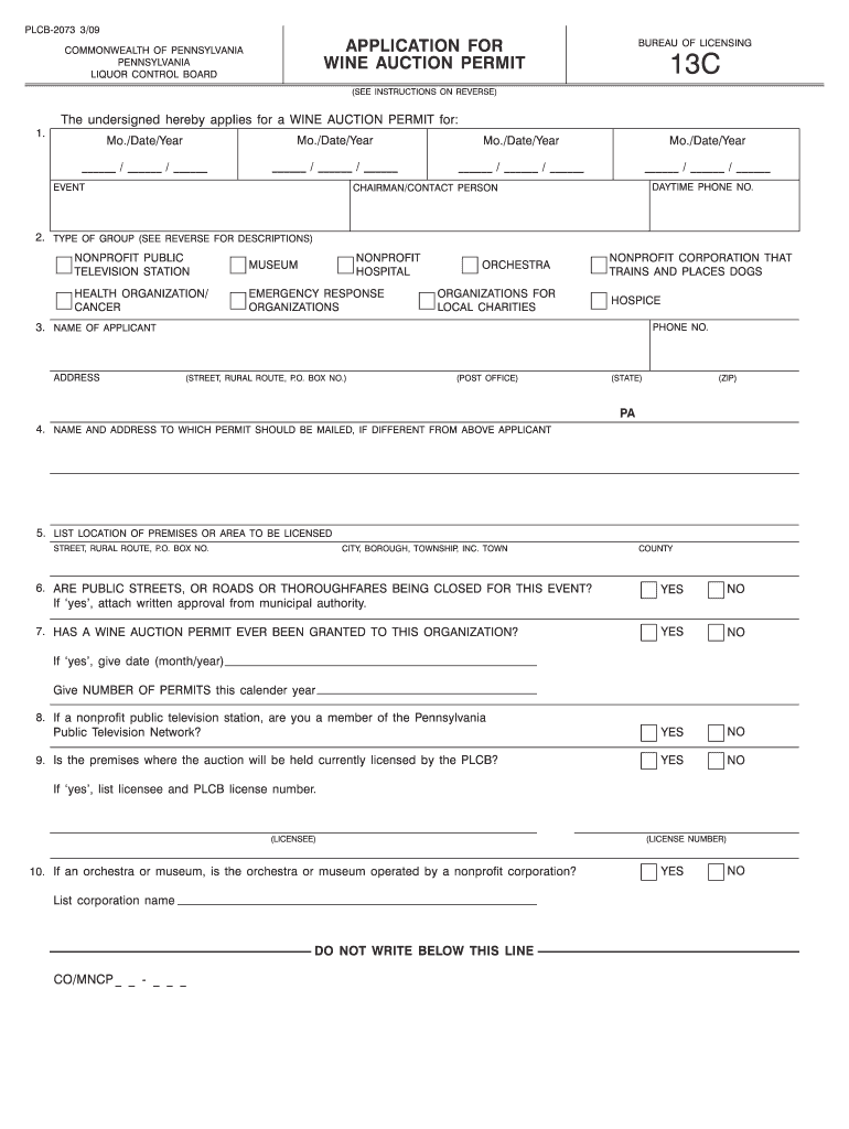 Application for Wine Auction Permit  Pennsylvania Liquor Control  Form