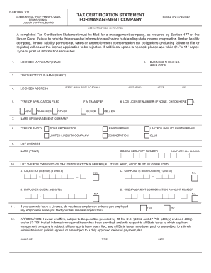  Tax Certification Statement for Management Company Pennsylvania 2011