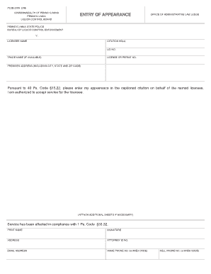 ENTRY of APPEARANCE Pennsylvania Liquor Control Board Form