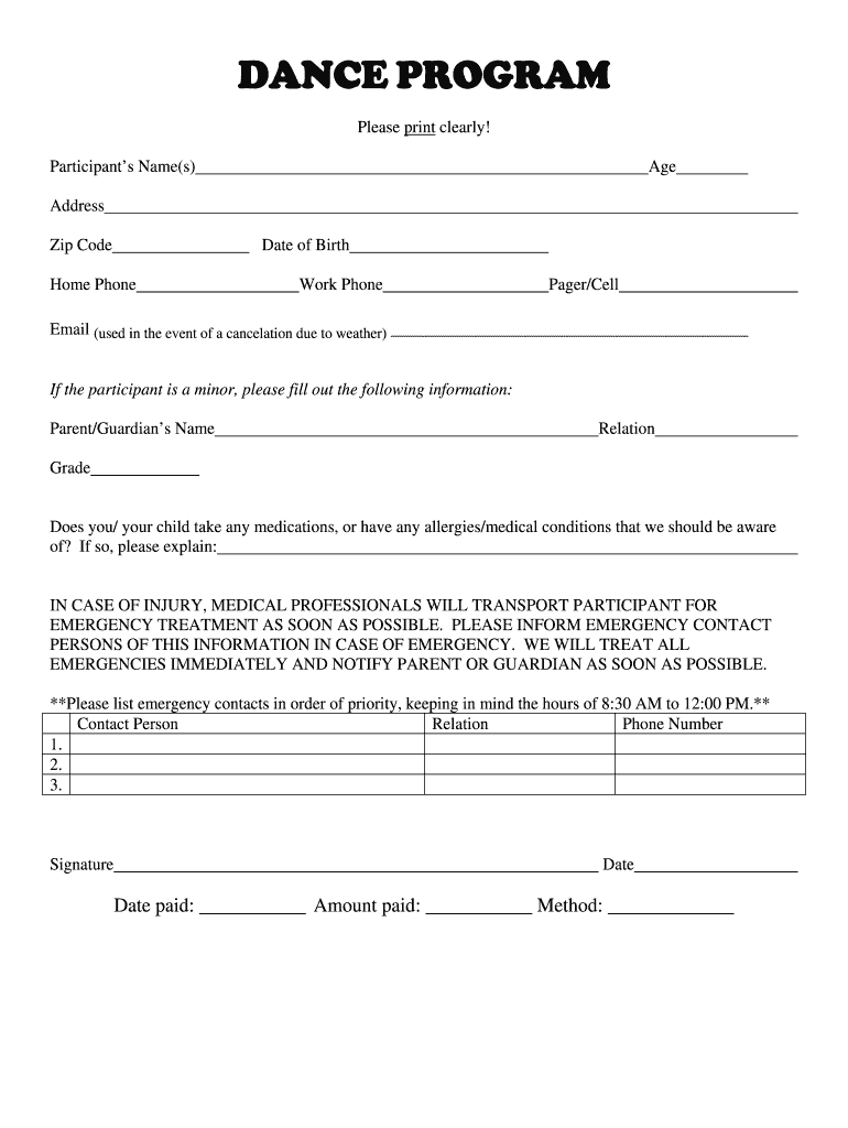 Dance Academy Admission Form Format DOC