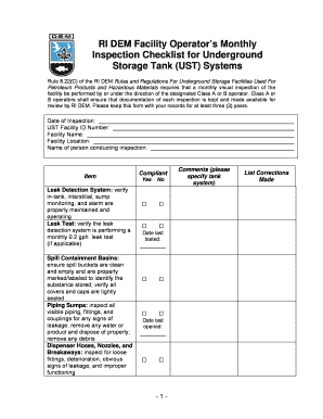 RI DEMWaste Management RI DEM Facility Operator&#039;s Monthly Inspection Checklist for Underground Storage Tank UST Systems ESA  Form