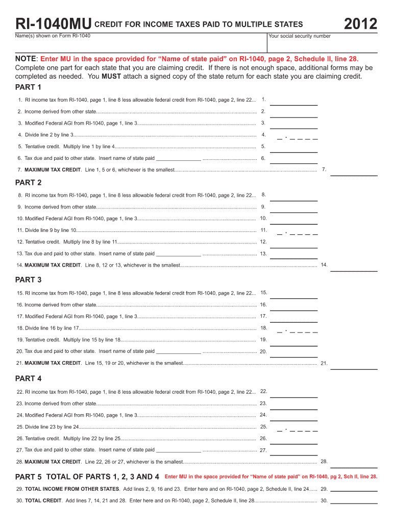  RI1040MU CREDIT for INCOME TAXES PAID to MULTIPLE STATES Names Shown on Form RI1040 Your Social Security Number NOTE Enter MU in 2019