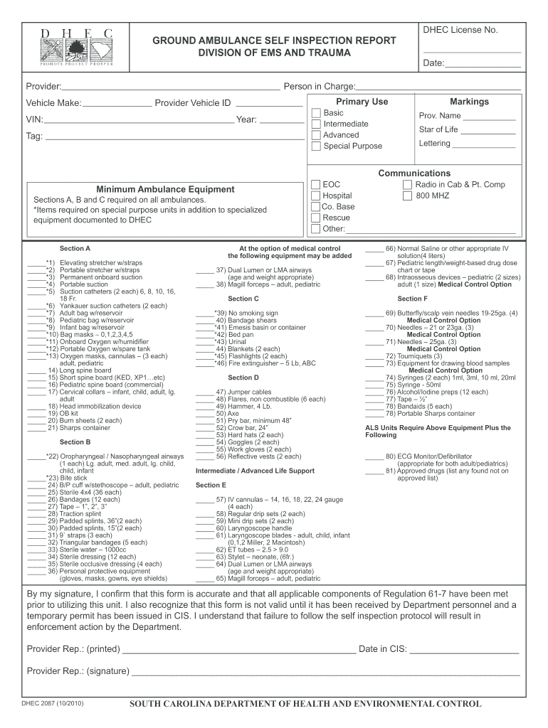 Sc Dhec Ambulance Checklist 2010 2024 Form Fill Out and Sign