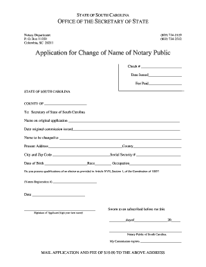 Change of Name of Notary Public South Carolina Secretary of State  Form