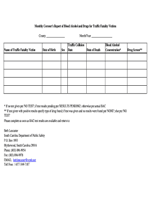 Form for the Monthly Coroner&#039;s Report of Blood Alcohol and Drugs