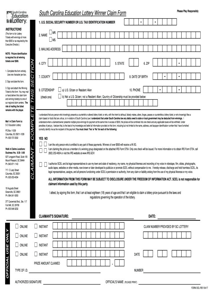  Sc Lottery Claim Form 2017-2024