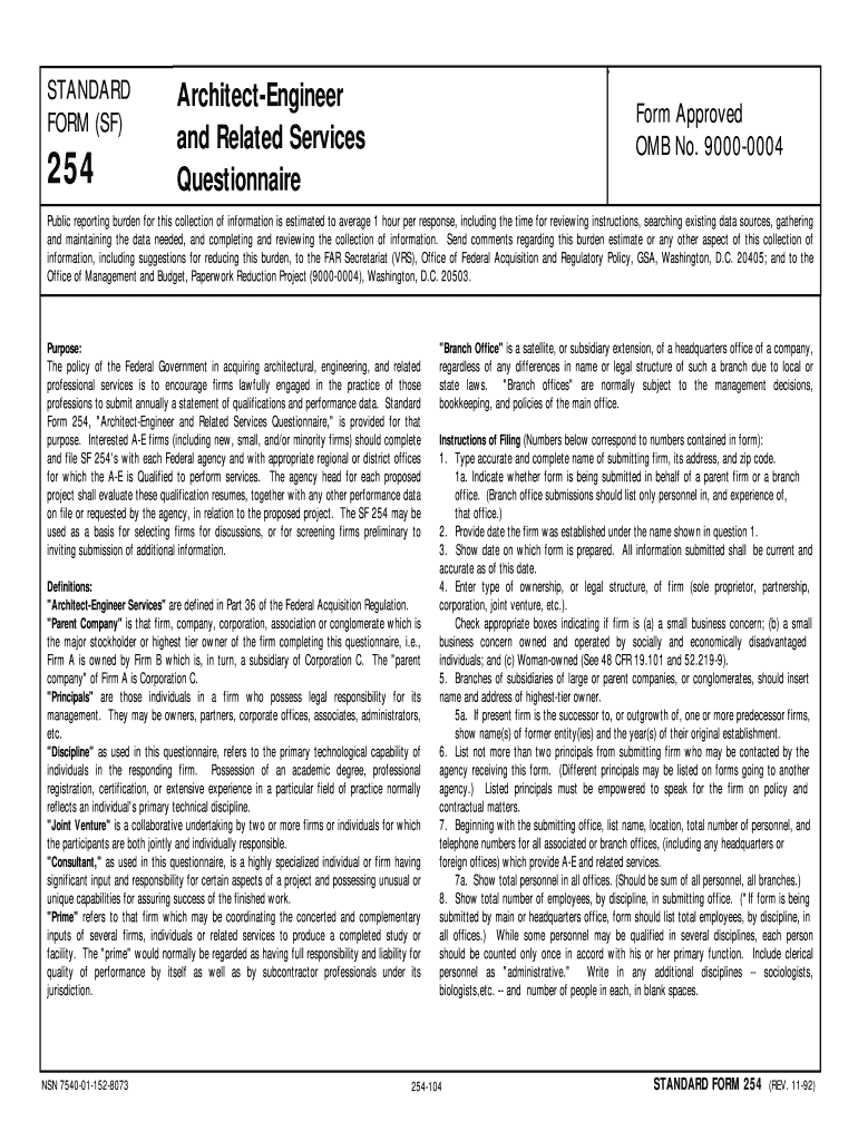 Federal Standard Form SF 254  Procurement Services  Home