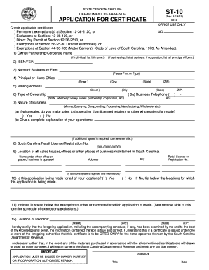 ST 10 the South Carolina Department of Revenue Sctax  Form