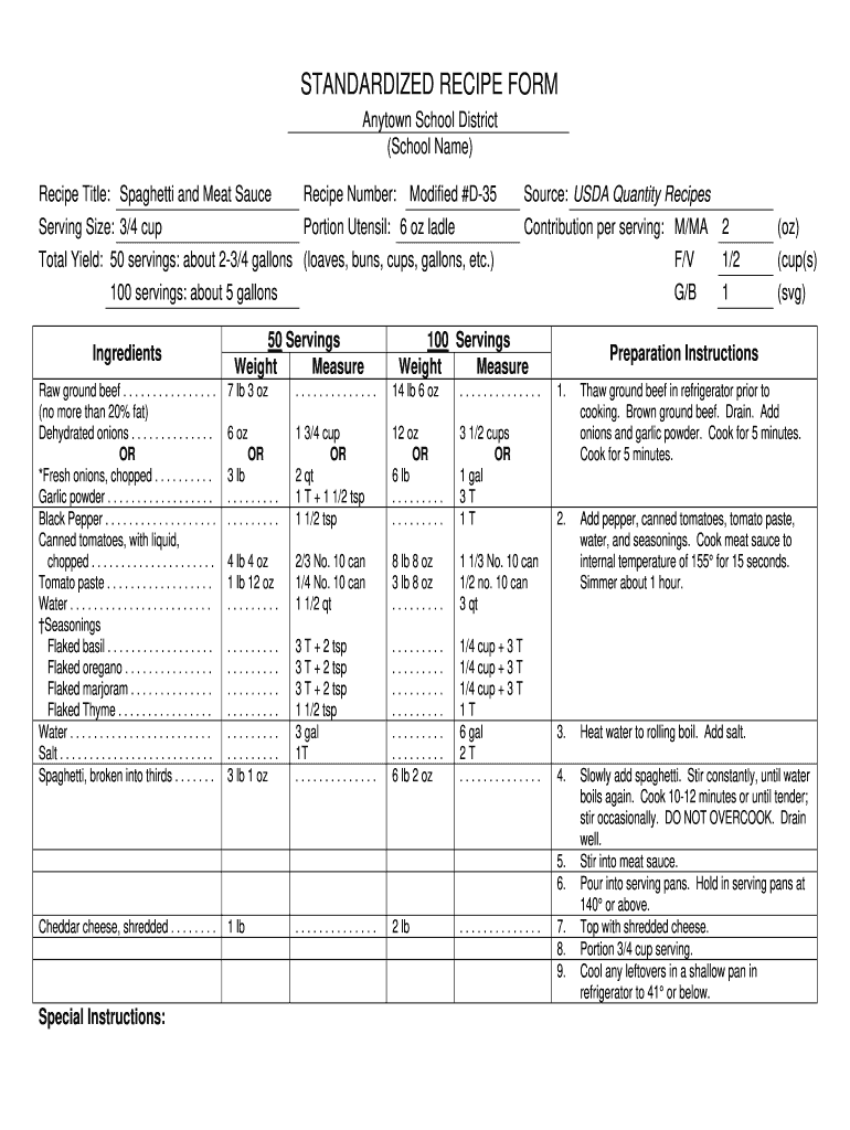 Standardized Recipe Template  Form