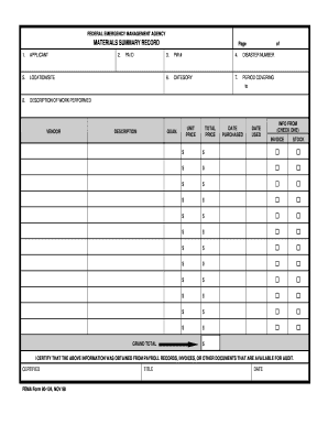 Fema Materials Summary Record  Form