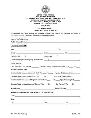 Renewal Application for License for Nursing Home the Tennessee Health State Tn  Form