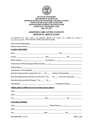  Renewal Application for License for Assisted Care Living Facility Health State Tn 2013