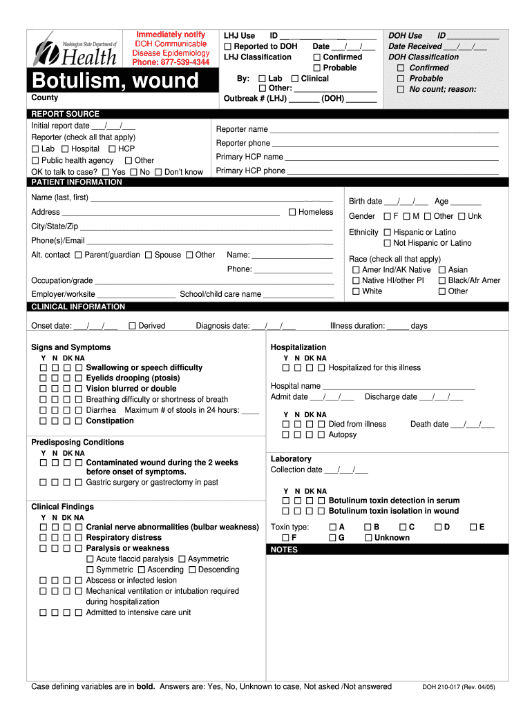  Disease Reporting Form for Botulism, Wound  the Tennessee    Health State Tn 2005-2024