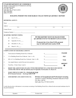 Building Permit Fee Surcharge Collections Quarterly Report Form Dopl Utah