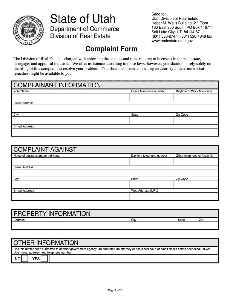 Complaint Form  Utah Division of Real Estate  Utah Gov  Realestate Utah