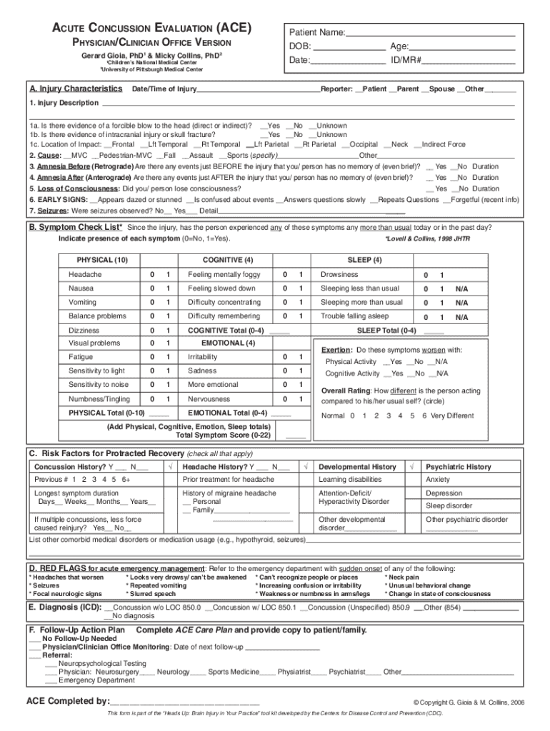 Ace Concussion Evaluation Form