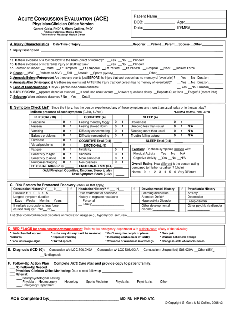 Ace Concussion Evaluation Form