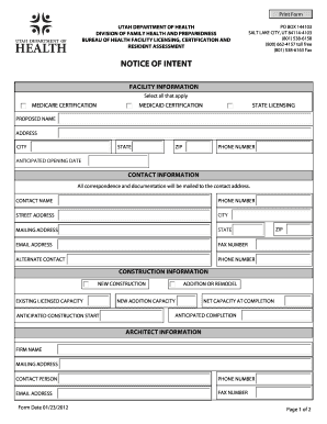 NOTICE of INTENT Utah Department of Health Health Utah  Form