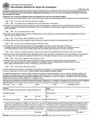 Utah Nonresident Affidavit for Sales Tax Exemption, TC 583 Tax Utah  Form