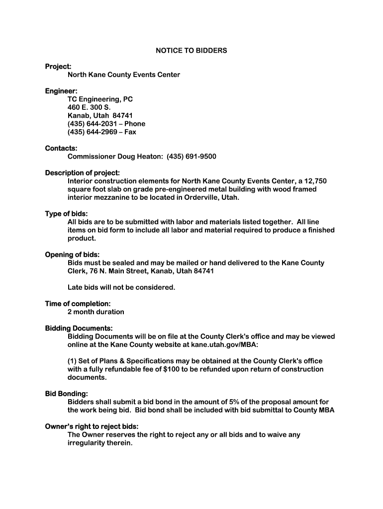 Bid Form Fairgrounds FINAL BIDS Xlsx Kane County Utah Kane Utah